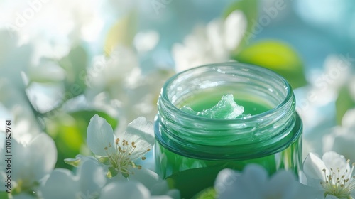 Glass jar with green serum surrounded by white flower blossoms, evoking a sense of self-care and the essence of natural cosmetics.