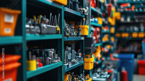 Close-up of colorful shelves stocked with metal tools and mechanical parts, reflecting the vibrant atmosphere of a busy industrial workspace