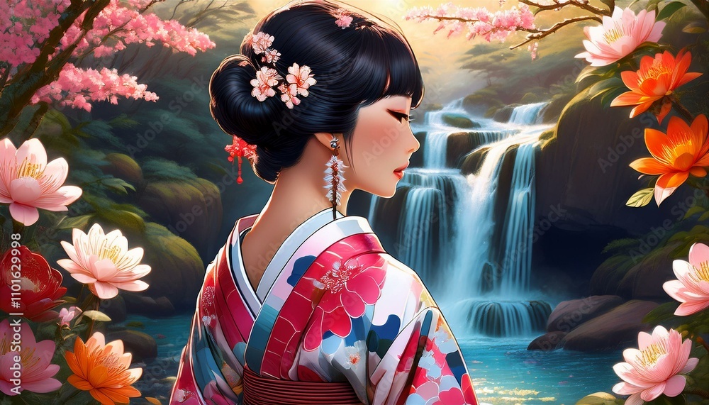 花びらが優しく空中に舞い、咲き誇るバラとユリの滝に囲まれた優雅な女性。彼女のドレスは花柄で精巧にデザインされており、周囲の庭園に見事に溶け込んでいます 花びらが優しく空中に舞い、咲き誇るバラとユリの滝に囲まれた優雅な女性。彼女のドレスは花柄で精巧にデザインされており、周囲の庭園に見事に溶け込んでいます