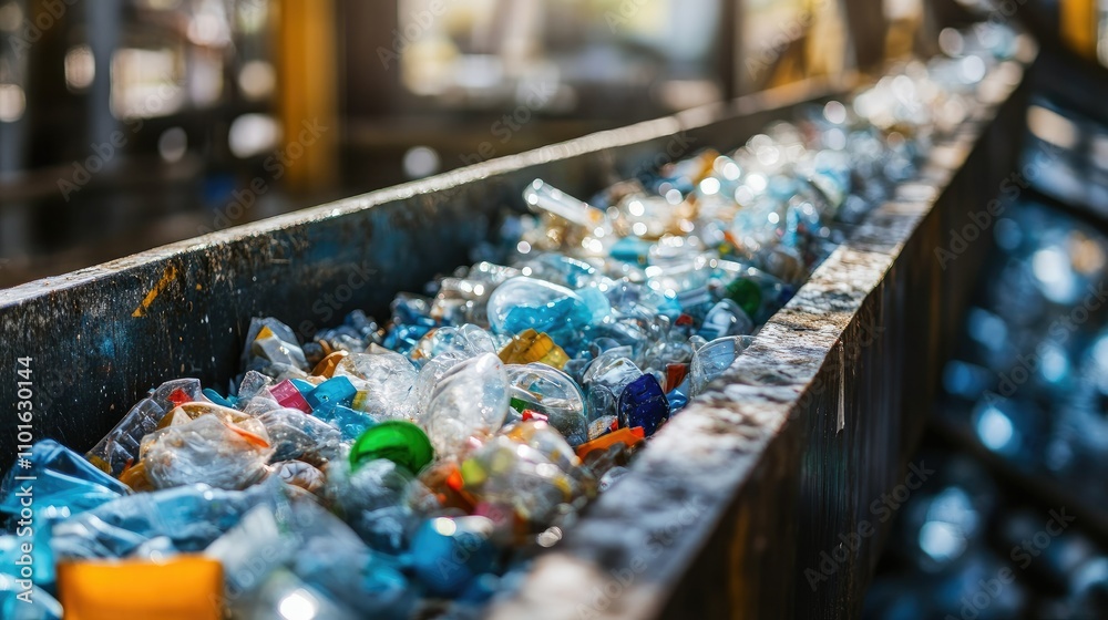 Close-up of plastic materials being shredded in a recycling plant, showcasing the machine's precision and the waste transformation process Close-up of plastic materials being shredded in a recycling plant, showcasing the machine's precision and the waste transformation process