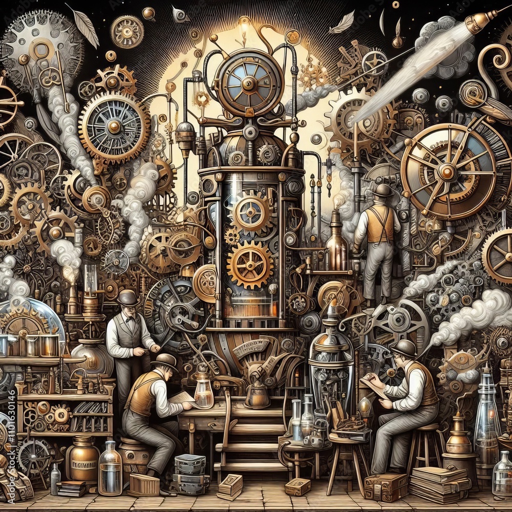 Steampunk Invention An illustration of a steampunk invention wit Steampunk Invention An illustration of a steampunk invention wit
