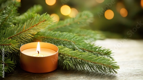 Close-up of a lit candle resting on green pine branches with soft bokeh lights in the background, ideal for holiday-themed text placement.