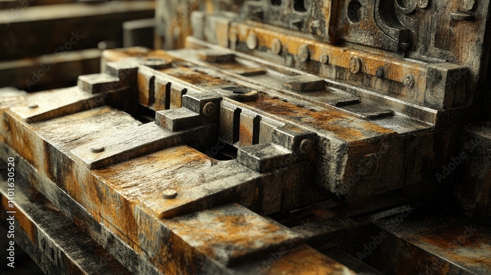 Detailed view of an aged block maker with worn surfaces and earthy colors, emphasizing the rugged, industrial look of the machine Detailed view of an aged block maker with worn surfaces and earthy colors, emphasizing the rugged, industrial look of the machine