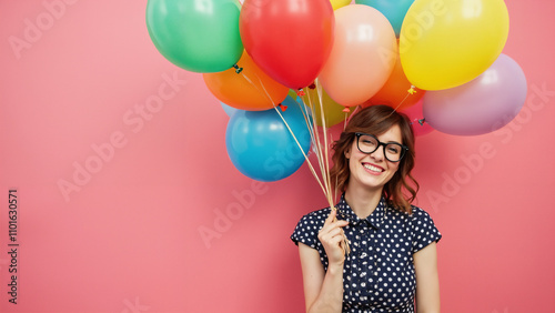 Joyful Woman in Polka Dot Dress with Colorful Balloons: Perfect for Party Supplies, Fashion Ads, or Celebration Themes