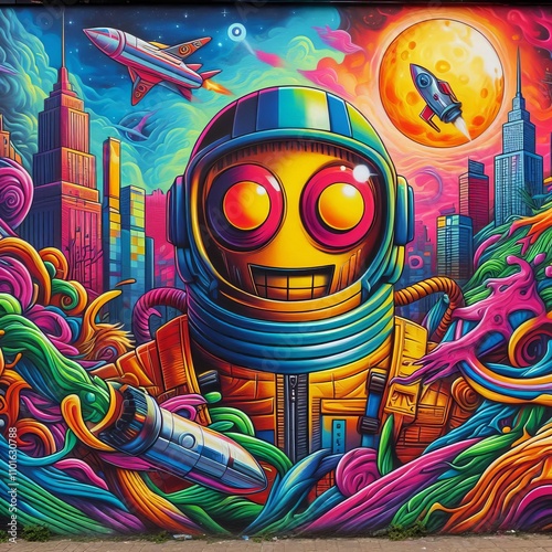 Street Art A vibrant street art mural with bold colors and abstr