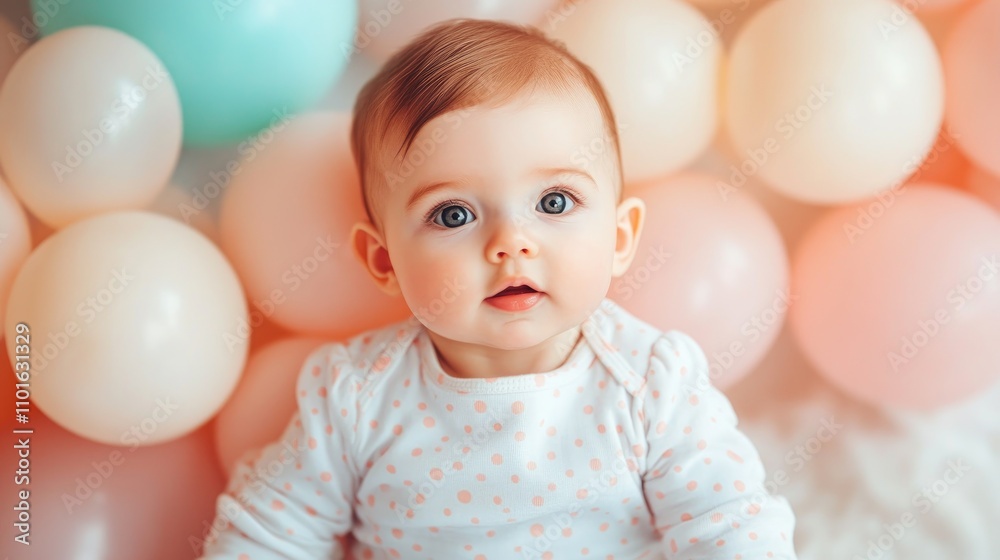 Charming birthday invitation design featuring a sweet baby surrounded by soft pastel balloons in pastel colors, perfect for a child's celebration. Charming birthday invitation design featuring a sweet baby surrounded by soft pastel balloons in pastel colors, perfect for a child's celebration.