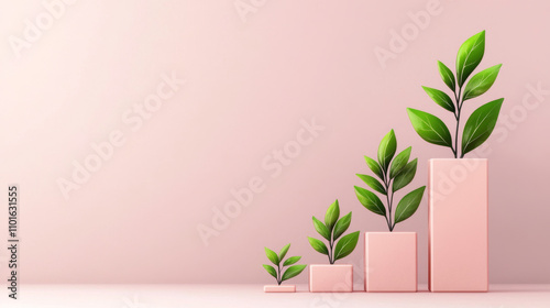 Growing plants on ascending pink bars symbolize growth and progress, set against pastel background. image conveys sense of natural development and upward momentum photo