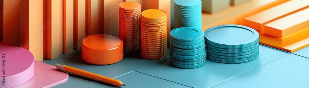 Colorful geometric shapes and objects arranged on a blue surface, featuring various circular and rectangular forms in vibrant hues of orange, teal, and pink. Colorful geometric shapes and objects arranged on a blue surface, featuring various circular and rectangular forms in vibrant hues of orange, teal, and pink.
