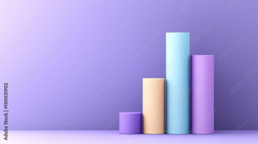 Colorful cylindrical bar graph with gentle glow on highest bar, set against purple background, creating modern and minimalistic design Colorful cylindrical bar graph with gentle glow on highest bar, set against purple background, creating modern and minimalistic design