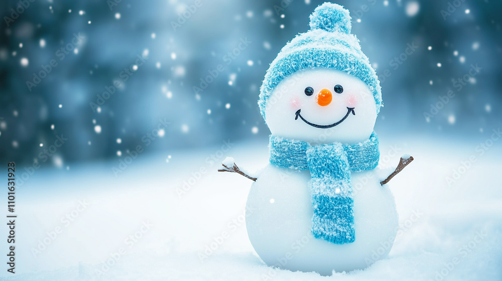 cheerful snowman with a blue hat and scarf in a snowy winter landscape with falling snowflakes. Copy space. Generative AI cheerful snowman with a blue hat and scarf in a snowy winter landscape with falling snowflakes. Copy space. Generative AI