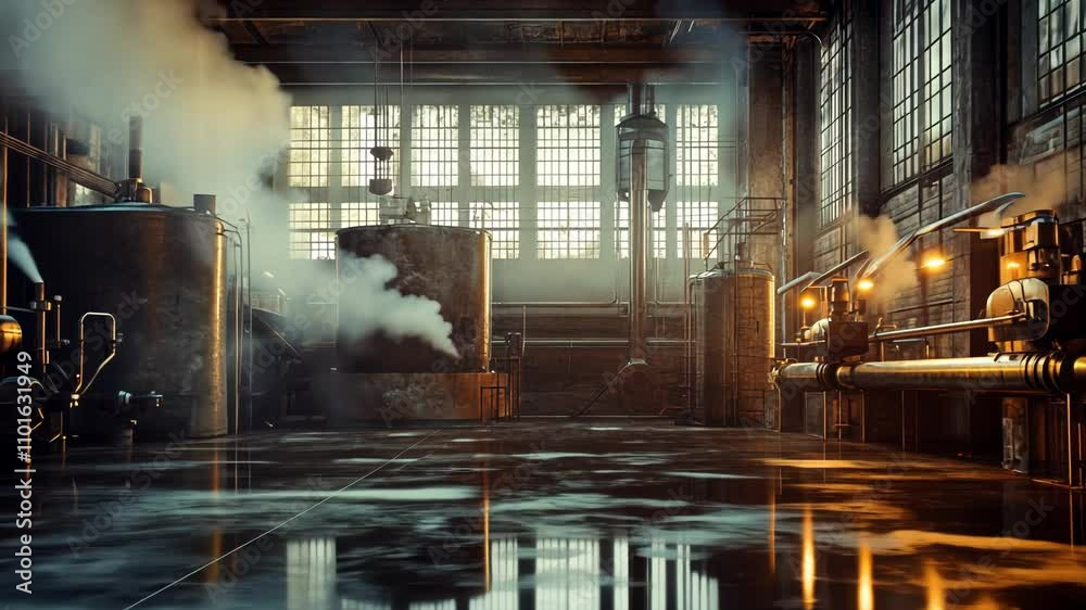 Steam rises in an old industrial factory.  The large space features aged brick walls, large windows, and numerous pipes and machinery.