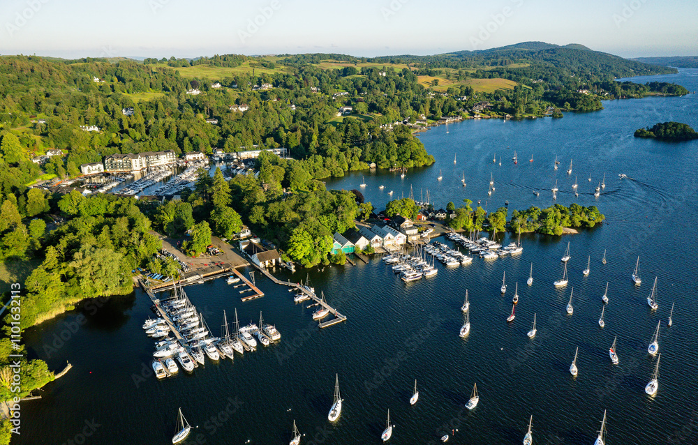 Windermere in Lake District National Park, Cumbria, England. Aerial of yacht facilities at Windermere Marina Village and Ferry Nab. Summer evening