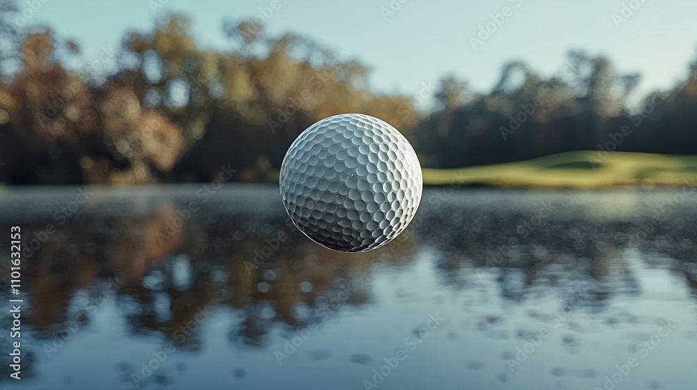 Surging Golf Ball in Flight Over Tranquil Golf Course Backdrop