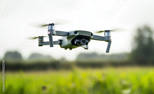 A white DJI Mavic Pro drone flying in the air, with green grass and trees behind it. The background is blurred against a pure white sky