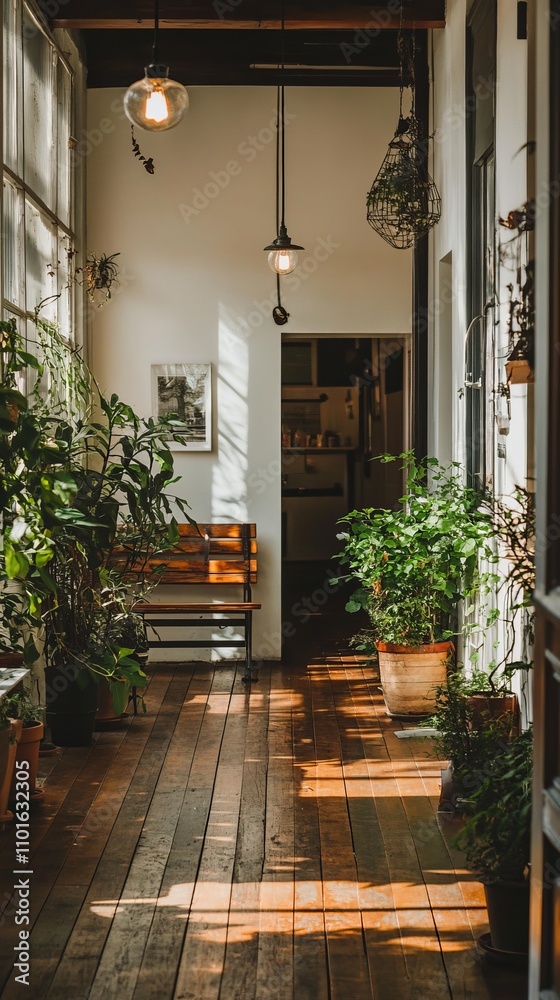 Naklejka premium A serene corridor filled with plants, natural light, and wooden flooring, creating a peaceful atmosphere.