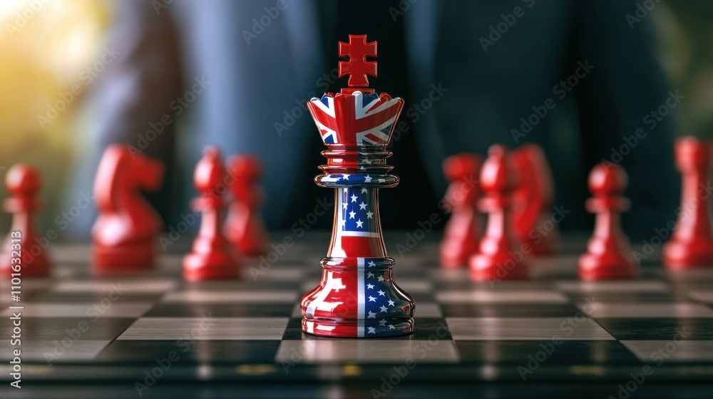 Naklejka premium Chess king adorned with US, Australia, and UK flags symbolizes AUKUS facing red opposition pieces, representing China, on a 3D chessboard. The illustration reflects geopolitical strategy and tension.