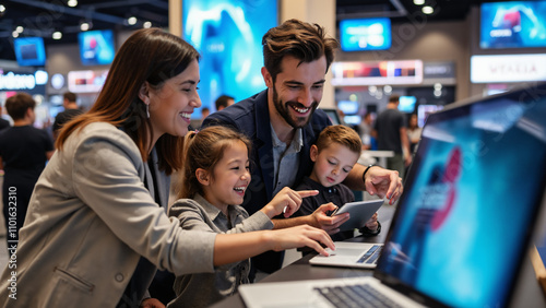 Joyful Family Buying Modern Laptop in Electronics Store: Perfect for Tech Retail Ads and Family-Oriented Marketing