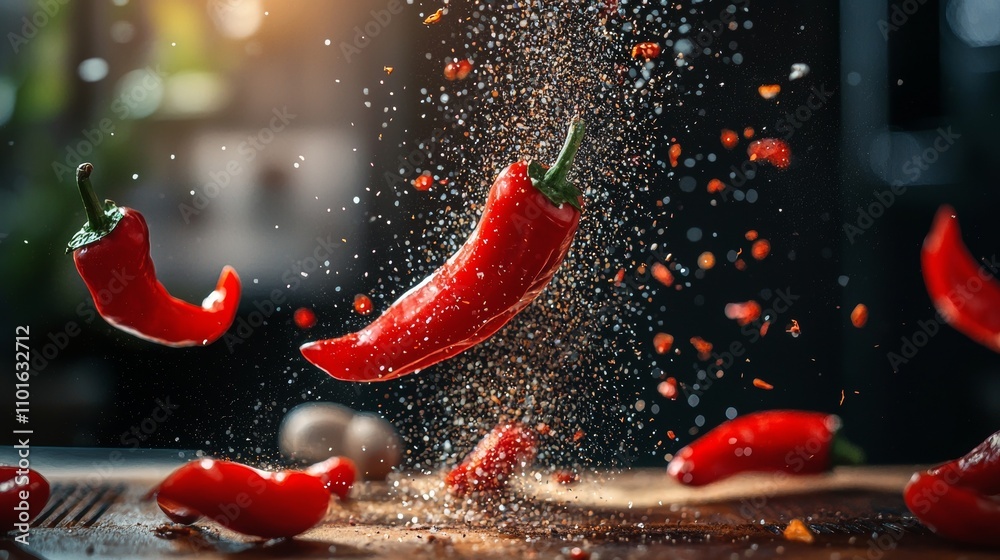Dynamic shot of red chili peppers with flying spices Dynamic shot of red chili peppers with flying spices