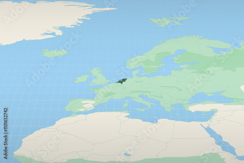 Netherlands highlighted on a detailed map, geographic location of Netherlands.