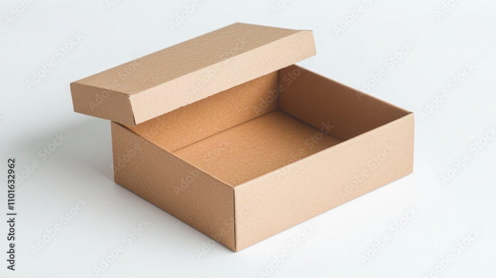 Open cardboard box on a white background showcasing a spacious interior and a detached lid, emphasizing its simple design and functionality. Open cardboard box on a white background showcasing a spacious interior and a detached lid, emphasizing its simple design and functionality.