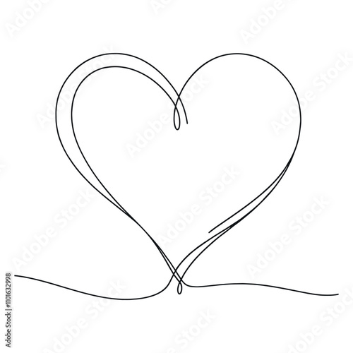 Heart continuous one line drawing, Black and white vector minimalist illustration of love concept made of one line