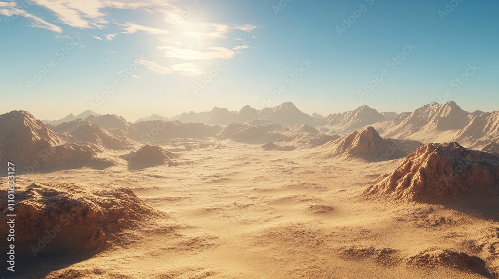 Fototapeta premium Sandy desert landscape, sunlit mountains.
