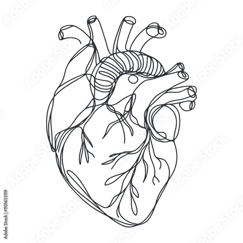 Heart continuous one line drawing, Black and white vector minimalist illustration of love concept made of one line