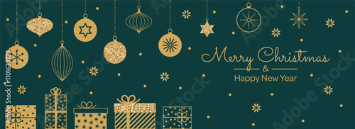 Merry Christmas template background with gold geometric minimalist elements and icons on dark green. Abstract trendy banner with vintage tree decorations in simple flat design. Vector illustration.