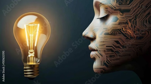 A female figure with a tech-inspired design, showcasing a profile made of circuit patterns next to a glowing light bulb, symbolizing innovation. photo