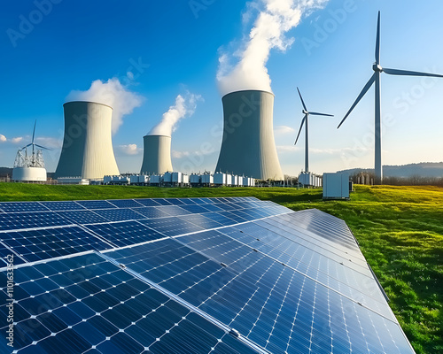 A landscape showcasing renewable energy sources solar panels, wind turbines, and nuclear cooling towers.