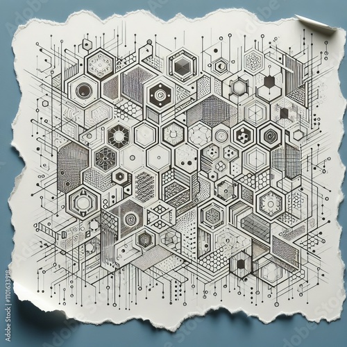 Tech Patterns White ripped paper with tech inspired patterns suc photo