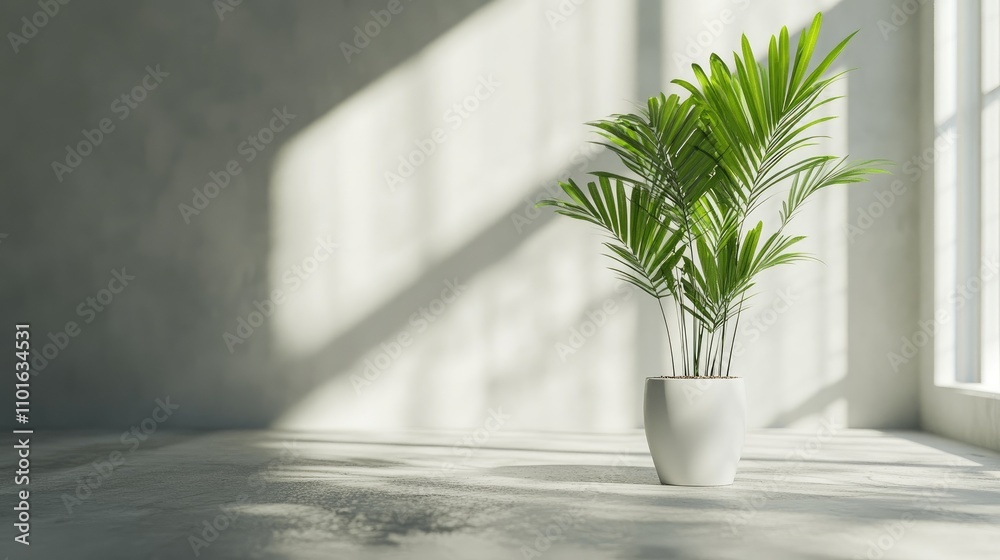Spacious vacant room with sunlight casting shadows, showcasing a lush green plant in a sleek white flower pot against a minimalist backdrop. Spacious vacant room with sunlight casting shadows, showcasing a lush green plant in a sleek white flower pot against a minimalist backdrop.