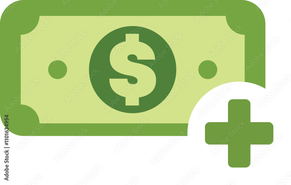 Simple vector illustration of a green banknote with a plus sign, symbolizing a financial increase Simple vector illustration of a green banknote with a plus sign, symbolizing a financial increase