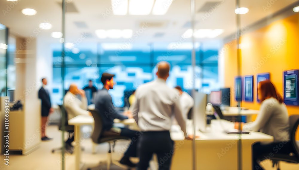 Blurred office with people working behind glass wall
Blurred office with people working behind glass wall