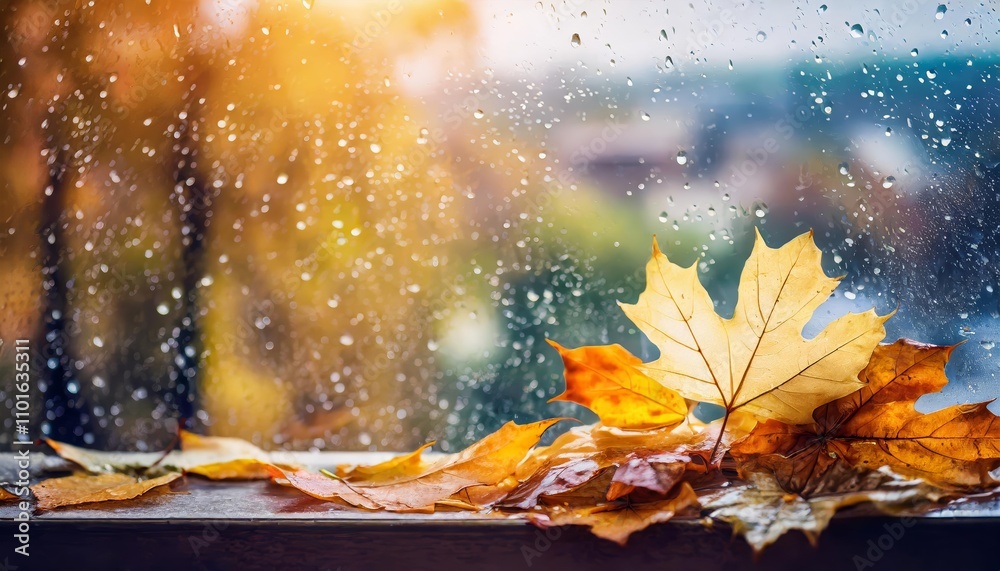 A serene rainy day with autumn leaves decorating window glass outdoors, capturing the tranquil beauty of the fall season with vivid colors and reflections of natures charm in the rainy A serene rainy day with autumn leaves decorating window glass outdoors, capturing the tranquil beauty of the fall season with vivid colors and reflections of natures charm in the rainy