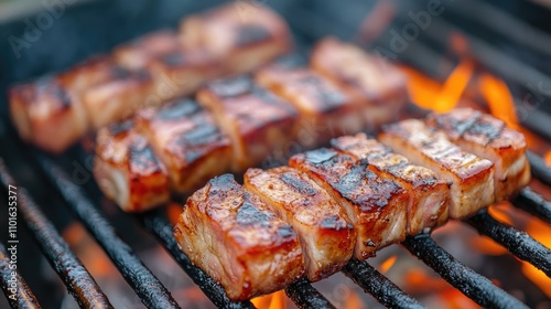 Close-up view of perfectly grilled pork belly sizzling on the barbecue, showcasing its caramelized crust and juicy texture against a backdrop of flames. photo