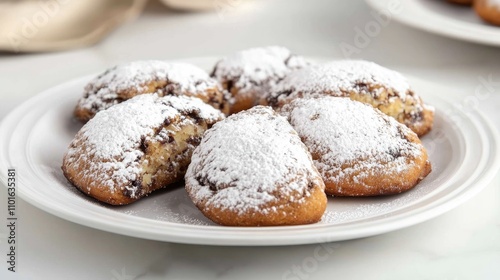 Stollen cake pieces arranged on a white plate, generously dusted with powdered sugar, highlighting their textured surfaces and festive appearance.