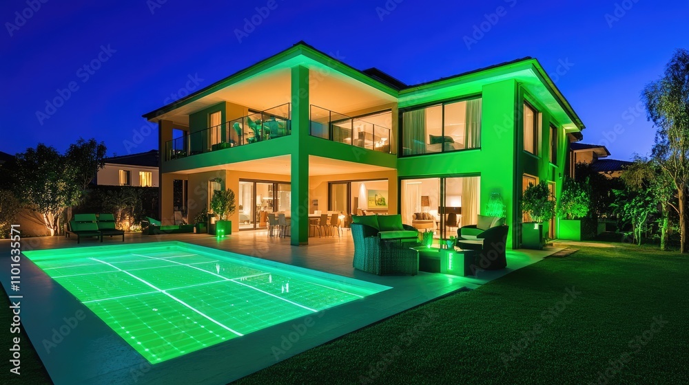 Exterior view of a smart house, holographic interface showing energy usage and solar power data.