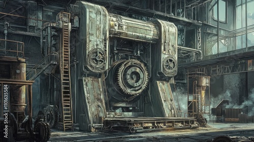 Vintage-inspired illustration of a large, powerful stamping press in an industrial setting, with gears and metal structures surrounding it photo