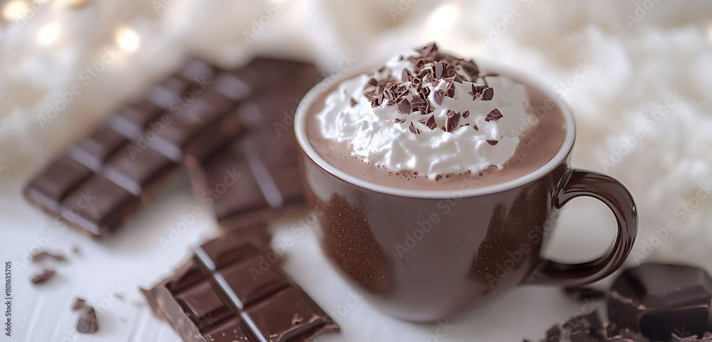 A cozy setting with hot chocolate in a mug, whipped cream, and chocolate shavings