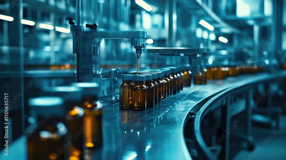 Wide shot of a packaging facility with modern filling machines working efficiently on a busy production line, filling bottles and jars. Wide shot of a packaging facility with modern filling machines working efficiently on a busy production line, filling bottles and jars.