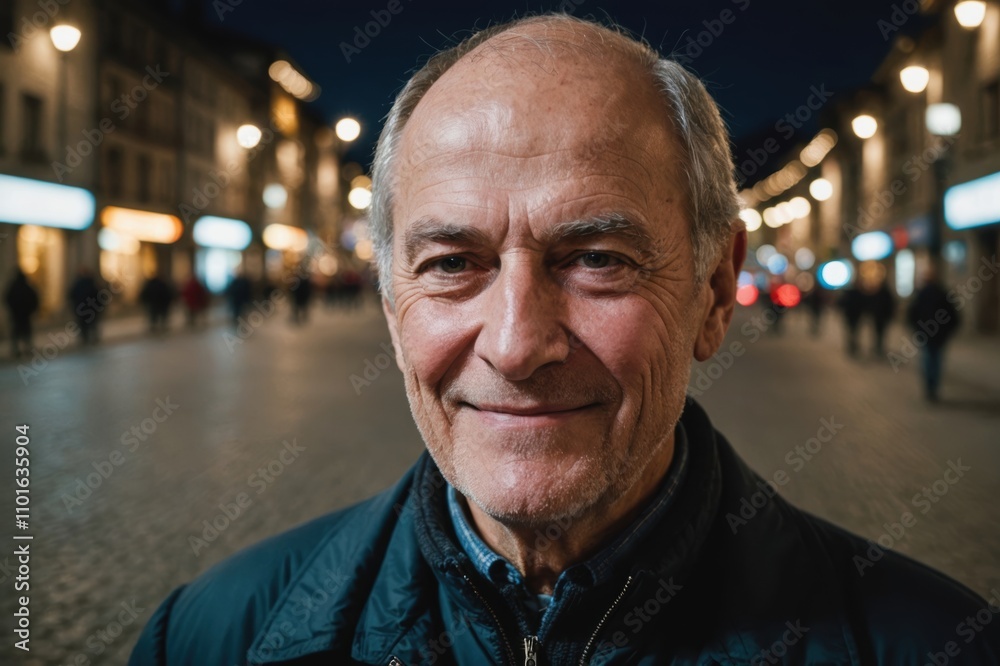 Close portrait of a smiling senior Andorran man looking at the camera, Andorran city outdoors at night blurred background Close portrait of a smiling senior Andorran man looking at the camera, Andorran city outdoors at night blurred background
