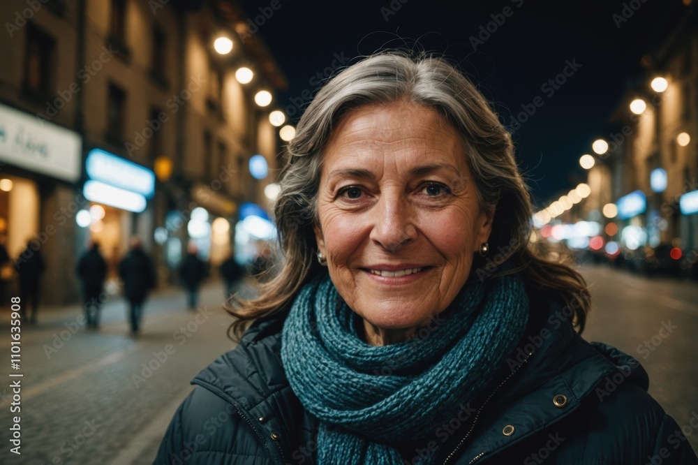 Close portrait of a smiling senior Andorran woman looking at the camera, Andorran city outdoors at night blurred background Close portrait of a smiling senior Andorran woman looking at the camera, Andorran city outdoors at night blurred background
