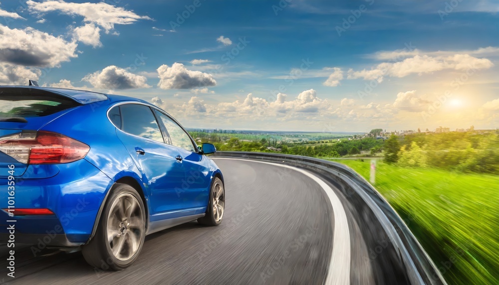 Dynamic rear view of a sleek blue business car accelerating through a high-speed turn, showcasing speed, performance, and automotive elegance in a seamless motion on a modern highway. Dynamic rear view of a sleek blue business car accelerating through a high-speed turn, showcasing speed, performance, and automotive elegance in a seamless motion on a modern highway.