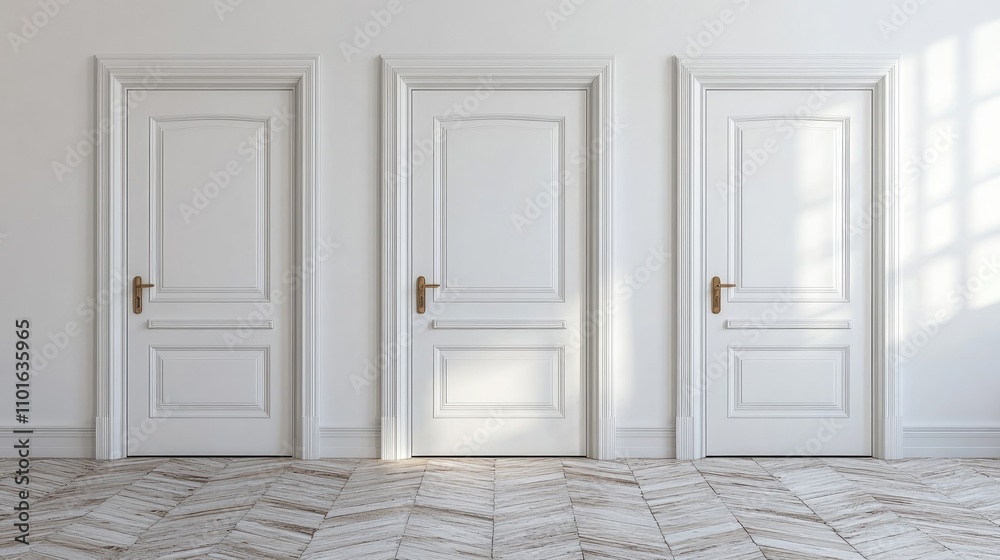 Fototapeta premium Three elegant white doors in a minimalist setting, symbolizing choices and pathways with light streaming in from a nearby window.