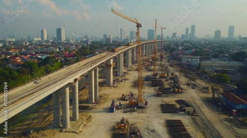 Concrete bridge pillars rise from a new high-speed railway construction site, with cranes and equipment creating the infrastructure between Bangkok and Nakhon Ratchasima. photo