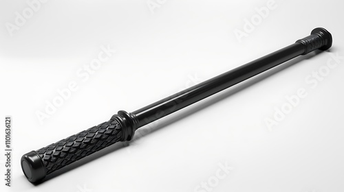 A police baton with a textured grip, lying on a white surface.