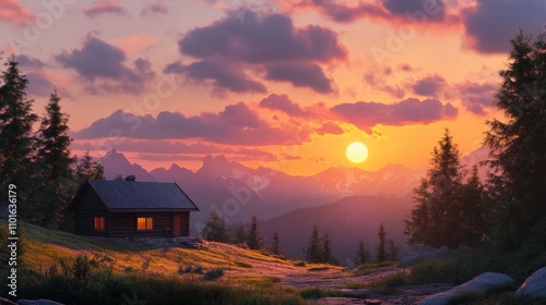 Mountain Cabin Sunset Serene Landscape Scene