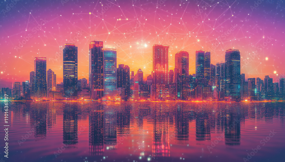 Futuristic Cityscape with Neon Lights and Digital Network Overlay Futuristic Cityscape with Neon Lights and Digital Network Overlay