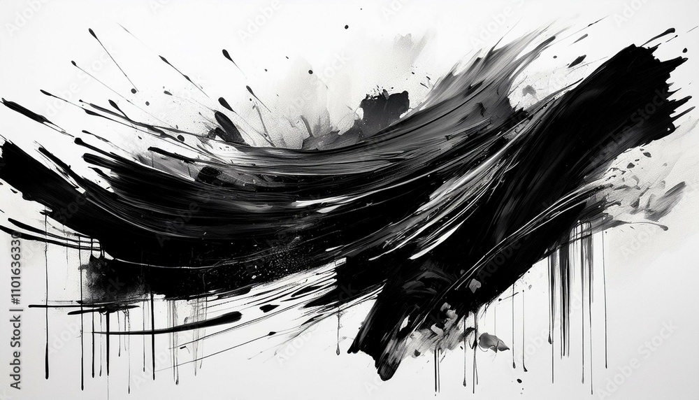 abstract black in splash paint brush strokes stain grunge isolated on white background japanese styl
